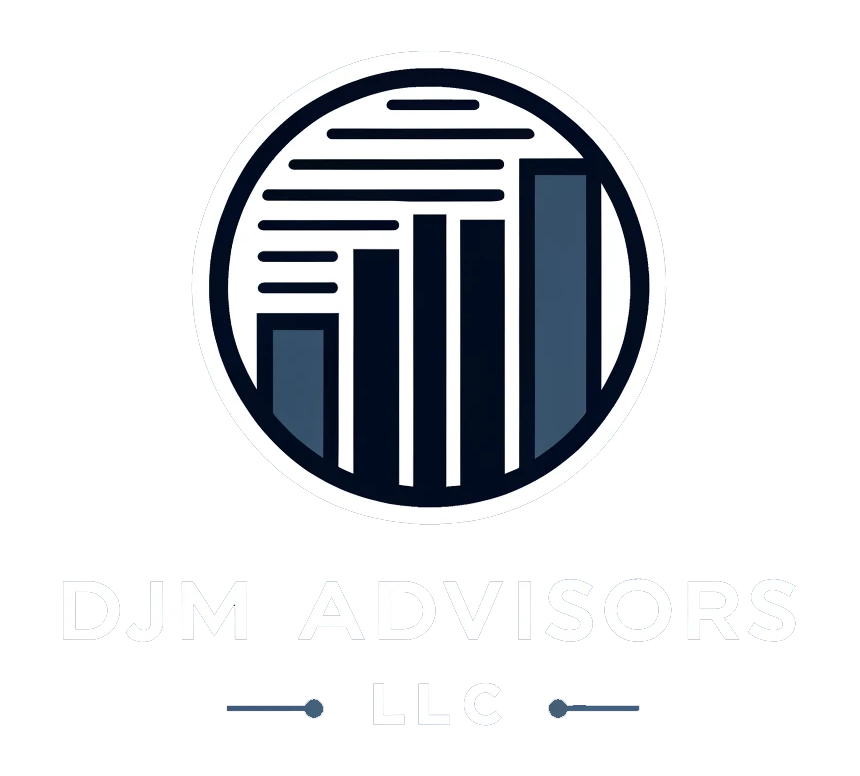 A black and white logo of djm advisors llc